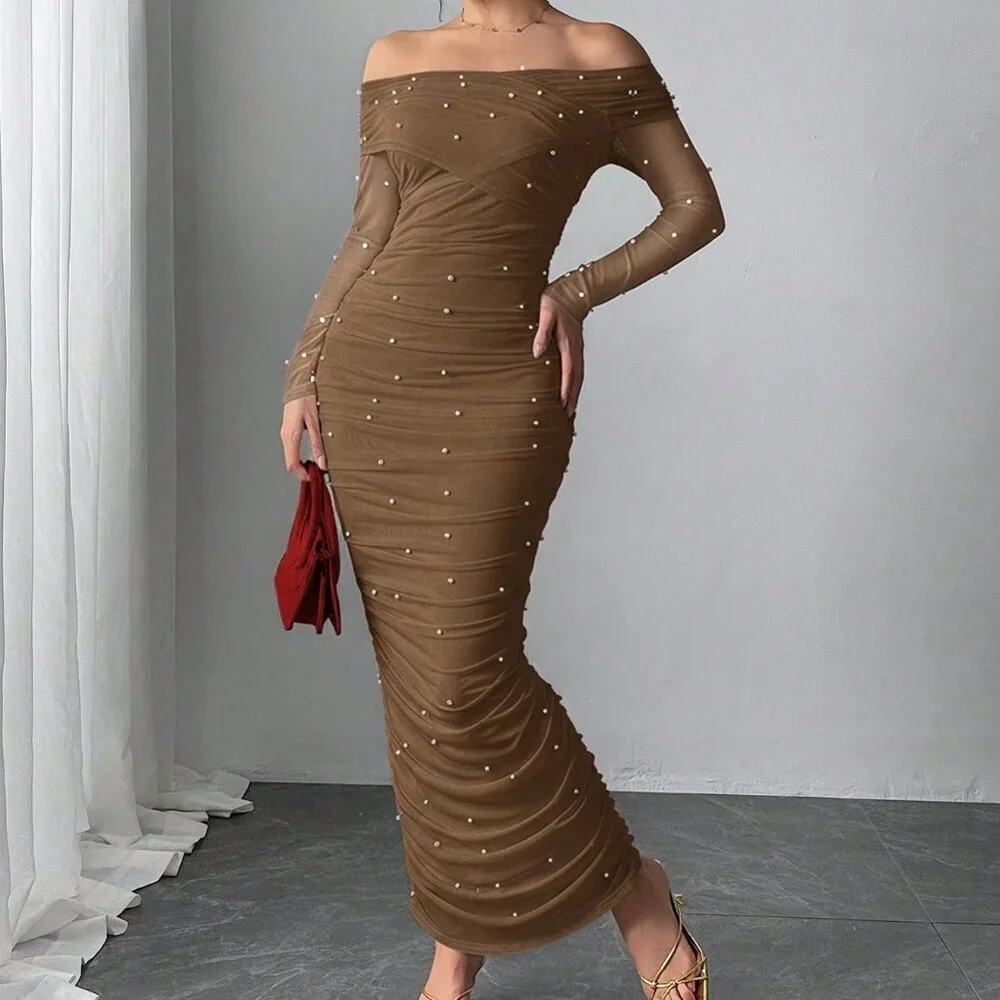 Coffee Brown Elegant Women's Off-Shoulder Pearl Decor Ruffle Maxi Dress - Picture 5 of 10